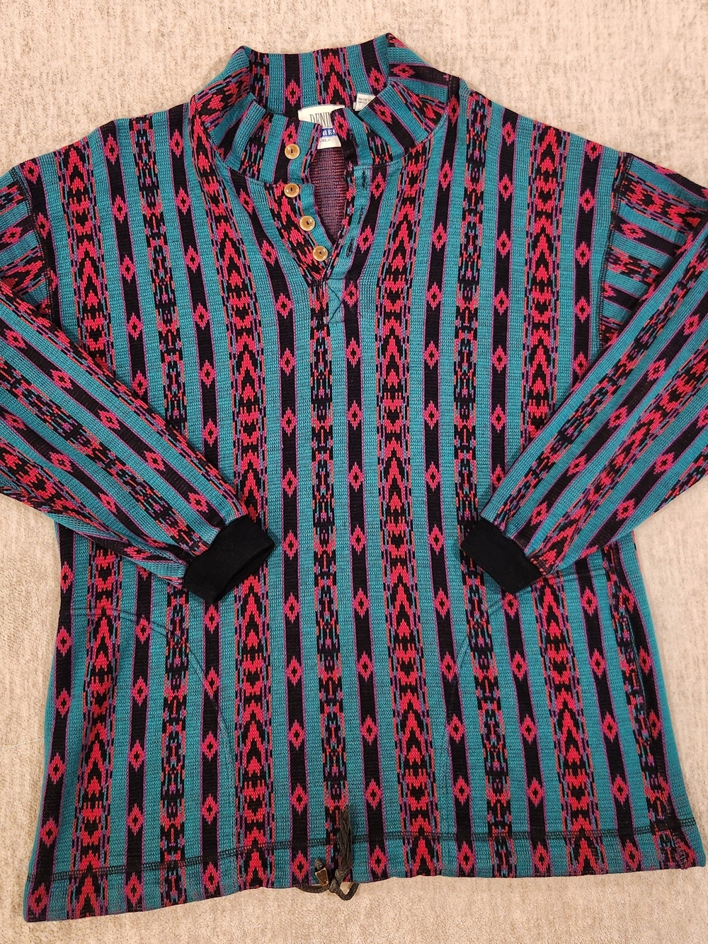 Vintage 80s/90 Denim Express Men's Striped Aztec Henley Shirt - Teal & Pink Xlg